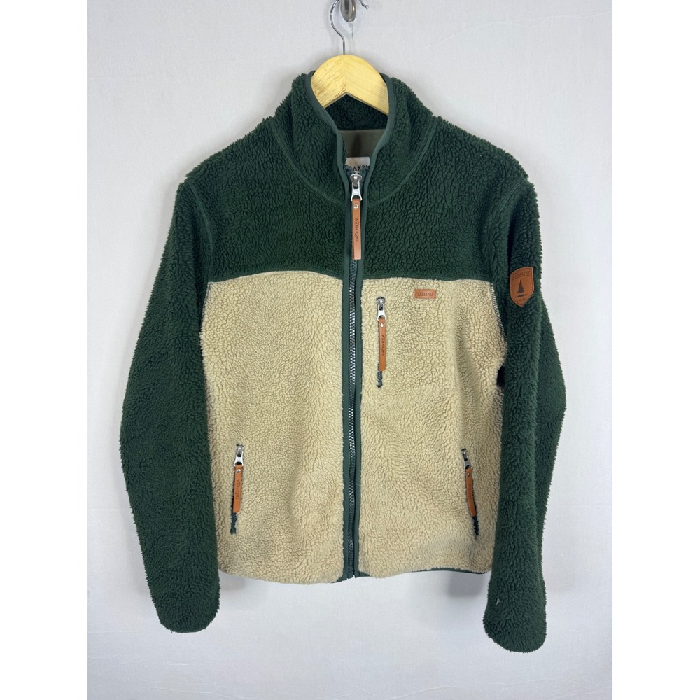 Wanakome Mens Sherpa Fleece Jacket Green Tan Colorblock Full Zip Medium